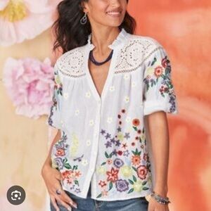 SUNDANCE Terrace Vines Embroidered Blouse Top 100% Linen Boho Cottagecore NWT